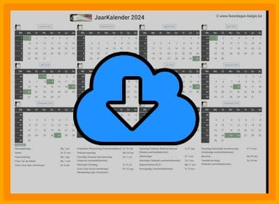 thumbnail jaarkalender voor het jaar 2024 in papierformaat A4 Liggend Landscape en bestandsformaat PDF Adobe Acrobat met Feestdagen België 