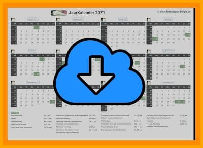 thumbnail jaarkalender voor het jaar 2071 in papierformaat A4 Liggend Landscape en bestandsformaat PDF Adobe Acrobat met Feestdagen België 