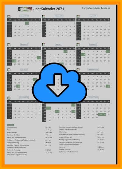 thumbnail jaarkalender voor het jaar 2071 in papierformaat A4 Staand Landscape en bestandsformaat PDF Adobe Acrobat met Feestdagen België 